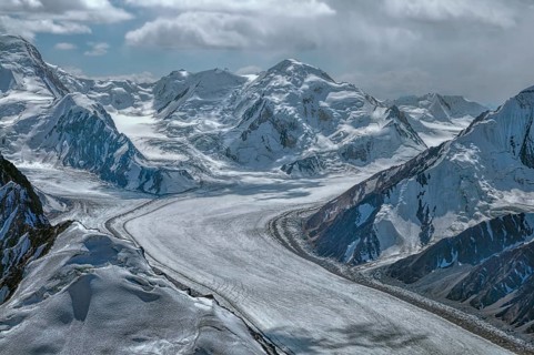 Scenic view of Fedchenko Glacier in Pamir mountains in Tajikistan