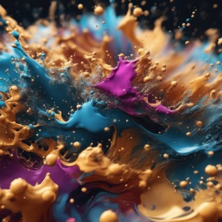 Dynamic splash of gold, blue, and purple paint creating a vibrant abstract pattern against a dark
