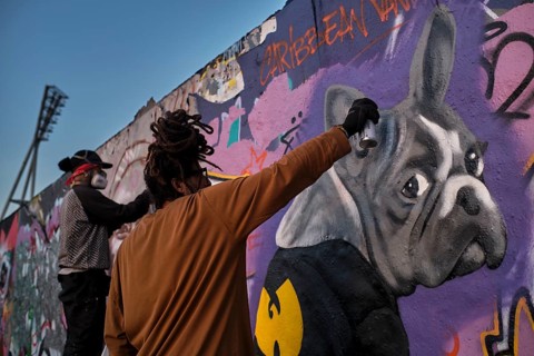 Germany, Berlin, 30.10.2022, graffiti wall in Mauerpark, work by graffiti artist Eme Freethinker,