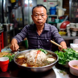 A Vietnamese cook sits in his street kitchen and offers Phó, a Vietnamese noodle soup with beef,