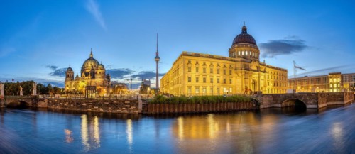 Panorama of the Berlin Cathedral, the TV Tower and the rebuilt City Palace at dawn