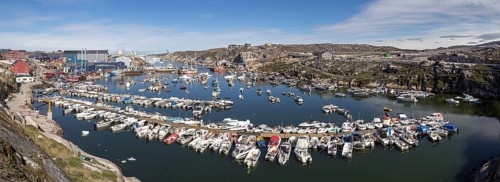 Ilulissat, Greenland, July 03, 2018: Panoramic view of the harbor in Ilulissat, North America