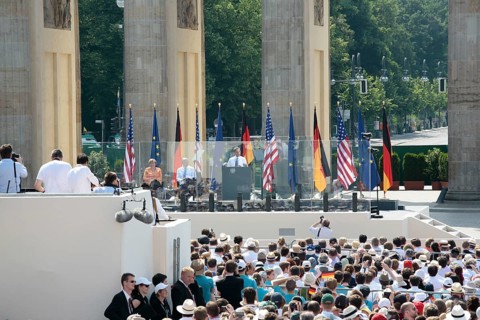 President Barack Obama delivering his speech at Pariser Platz square in front of the Brandenburg