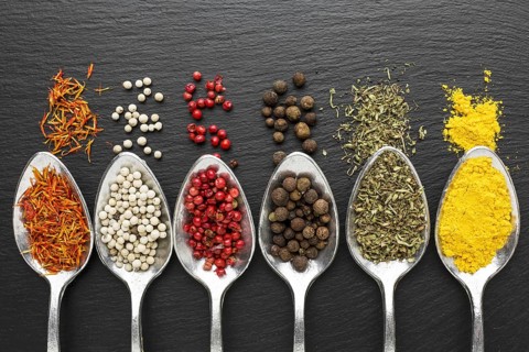Top view spoons with powder condiments. Resolution and high quality beautiful photo