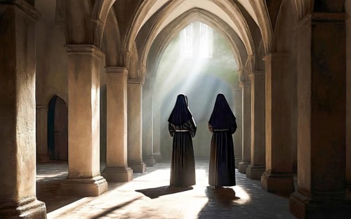 Two Catholic nuns stand devoutly in the archway of a convent, KI generated, AI generated