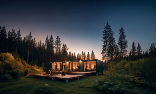 Modular container house with glazing in the forest, secluded compact house, AI generated
