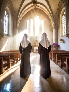 Two Catholic nuns during morning devotions in a chapel flooded with light, KI generated, AI