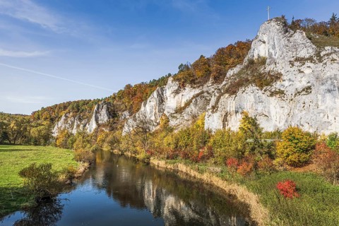Danube with cross rocks in the autumnal Upper Danube Valley, Gutenstein, Upper Danube nature park
