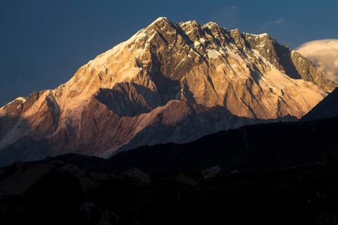 Seven-thousander Nuptse, 7861m, at sunset on an April, spring, pre-monsoon day, seen from Lobuche.