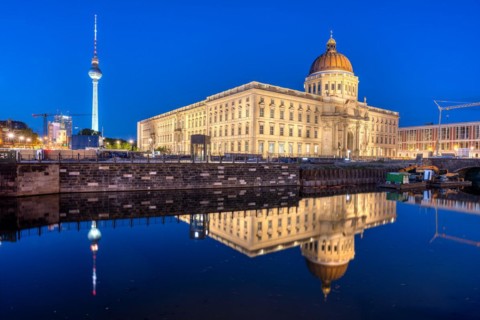 The rebuilt Berlin City Palace and the TV Tower by night