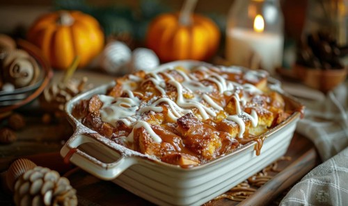 A pumpkin bread pudding with a caramel drizzle served in a baking dish AI generated