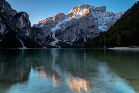 Daybreak at Lake Lake Prags, Dolomites, South Tyrol