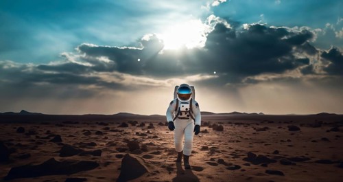 Astronaut on Mars walks in a spacesuit on the soil and explores the planet, AI generated