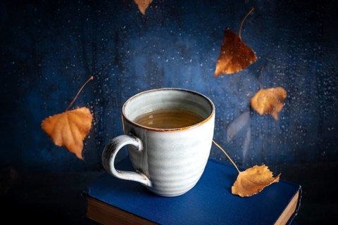 Cozy autumn still life with tea and books, with falling leaves and rain behind the window