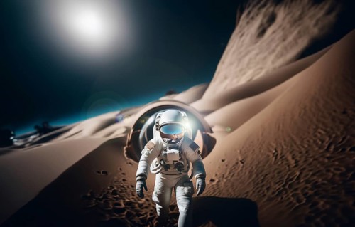 Astronaut on Mars walks in a spacesuit on the soil and explores the planet, AI generated