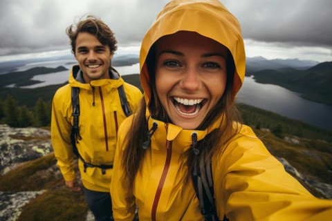 Young couple in mackintosh stands beaming with joy in free nature. behind Nordic landscape and