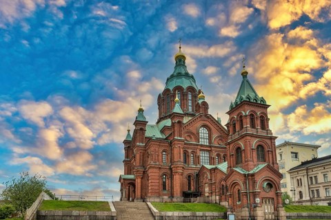 Helsinki Finland, sunrise city skyline at Uspenski Cathedral