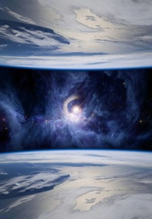 Fantasy image of mirrored Earths symbolizing parallel universes. The V1331Cyg star is shown on the