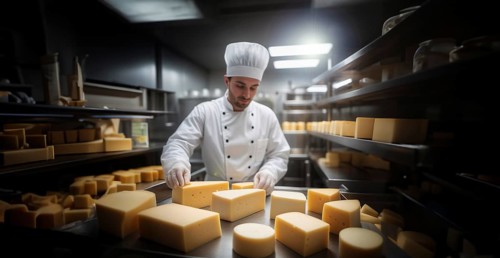 Cheese production, cheese production line, AI generated