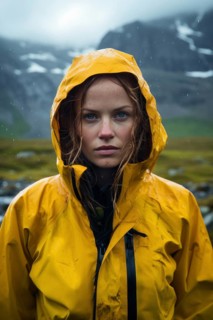 Young woman, dripping wet, brown hair in yellow rain jacket with hood, serious look, rain, Weter,