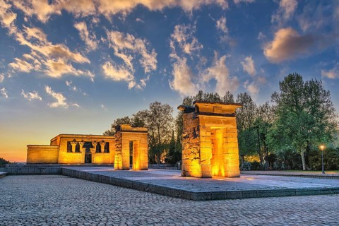 Madrid Spain, sunset city skyline at Temple of Debod