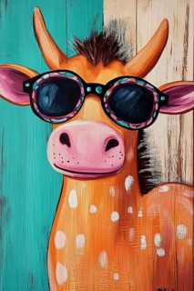 A cartoon cow wearing sunglasses with a colorful wooden background, AI generated