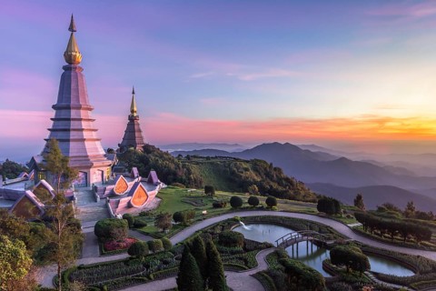 Noppamethanedol and Noppapol Phumsiri pagoda and picturesque sunset sky. Doi Inthanon national