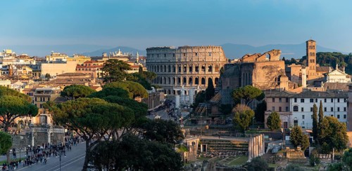 A picture of the Colosseum and the Roman Forum as seen from afar