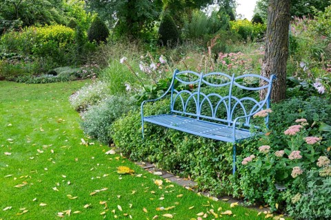 Blue bench in the district educational garden, Burgsteinfurt, Münsterland, North Rhine-Westphalia,