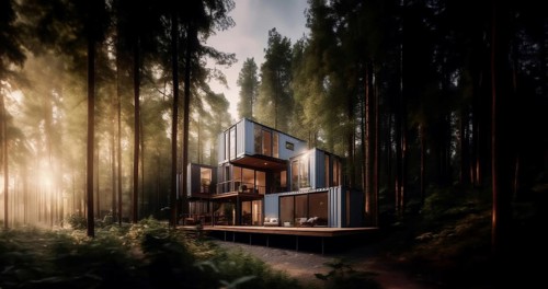 Modular container house with glazing in the forest, secluded compact house, AI generated