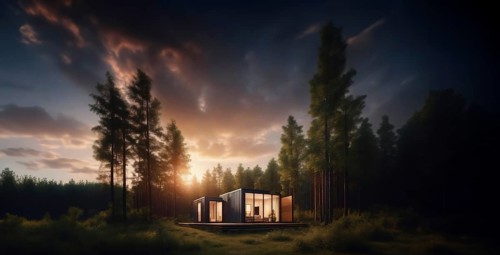 Modular container house with glazing in the forest, secluded compact house, AI generated