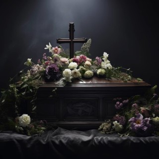 Coffin with cross, atmospherically decorated with flowers, funeral bouquet, KI generated, AI
