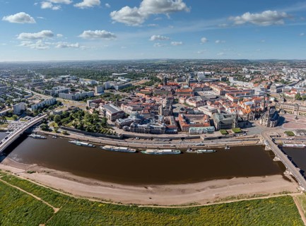 Large panorama drone shot, photo from above, aerial view, historical old town with sights,
