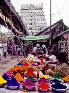 Color powder and Pooja things for sale in Chidambaram, Tamil Nadu, South India, India, Asia