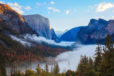The iconic view of Yosemite Valley and the magnificent El Capitan in a storm from Tunnel View in