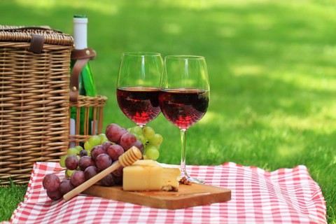 Various sorts of cheese, grapes and two glasses of the red wine