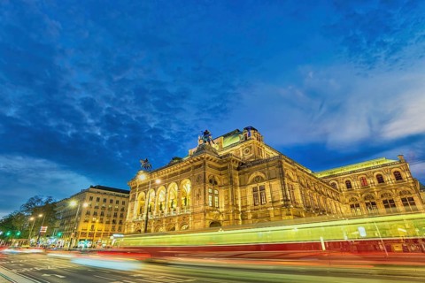 Vienna Austria night city skyline at Vienna State Opera
