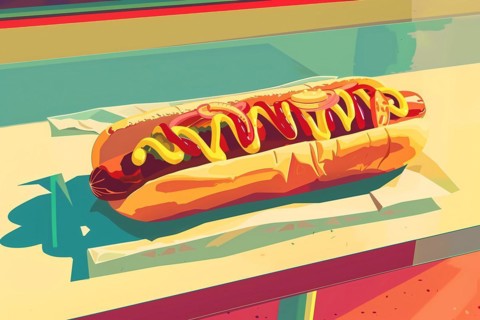 A pop art-inspired illustration of a hot dog with mustard and ketchup, street food, illustration,