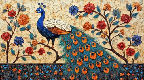 A peacock perched on a branch surrounded by flowers with a vibrant and detailed display of