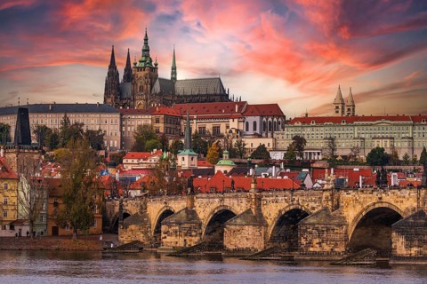 Hradcin and Charles Bridge over Vltava river in Prague