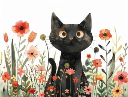 Cheerful and bright illustration of a black cat with detailed orange eyes and surrounding flowers,