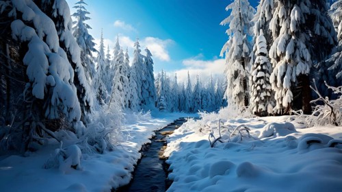 Fairytale winter landscape, A small stream flows through a coniferous forest covered with snow in