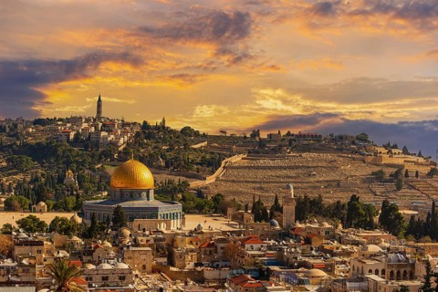 Panoramic view of the old town of Jerusalem just after sunrise
