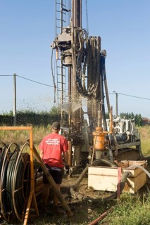 Geothermal drilling, construction site, geothermal energy, for heat pump, house construction,