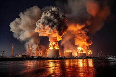 Super GAU, fire catastrophe in a nuclear power plant, rainy clouds of smoke, sea of flames, nuclear