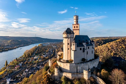 Aerial view of the Rhine Valley with the Marksburg Castle, Braubach, UNESCO World Heritage Site,