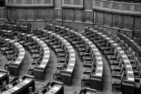 Copenhagen, Denmark, Occtober 05, 2016: Black and white photograph of the interior of the Danish