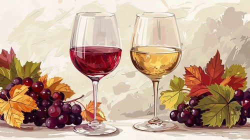 Painting of two wine glasses with red and white wine surrounded by grapes and autumn leaves, AI