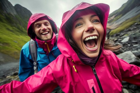 Young couple in mackintosh stands beaming with joy in free nature. behind Nordic landscape and
