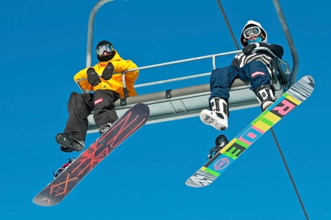Snowboarders on a ski lift, Canada Olympic Park, COP, Calgary, Alberta, Canada, North America